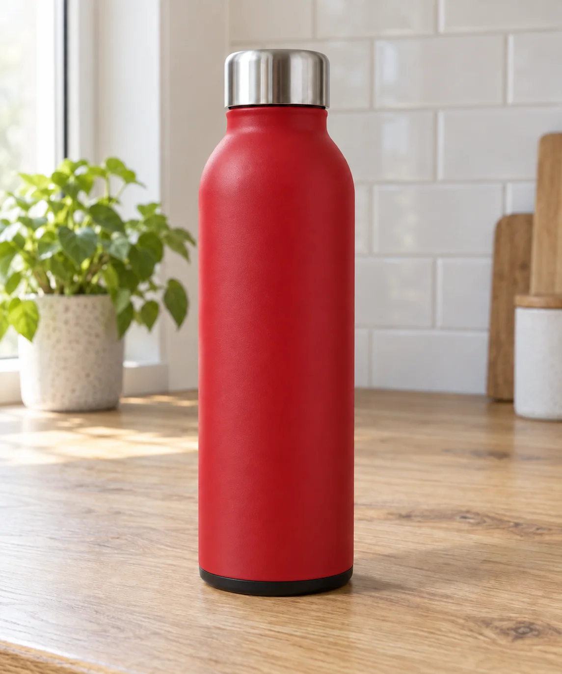 La même bouteille au corps rouge mat sur le plan de cuisine