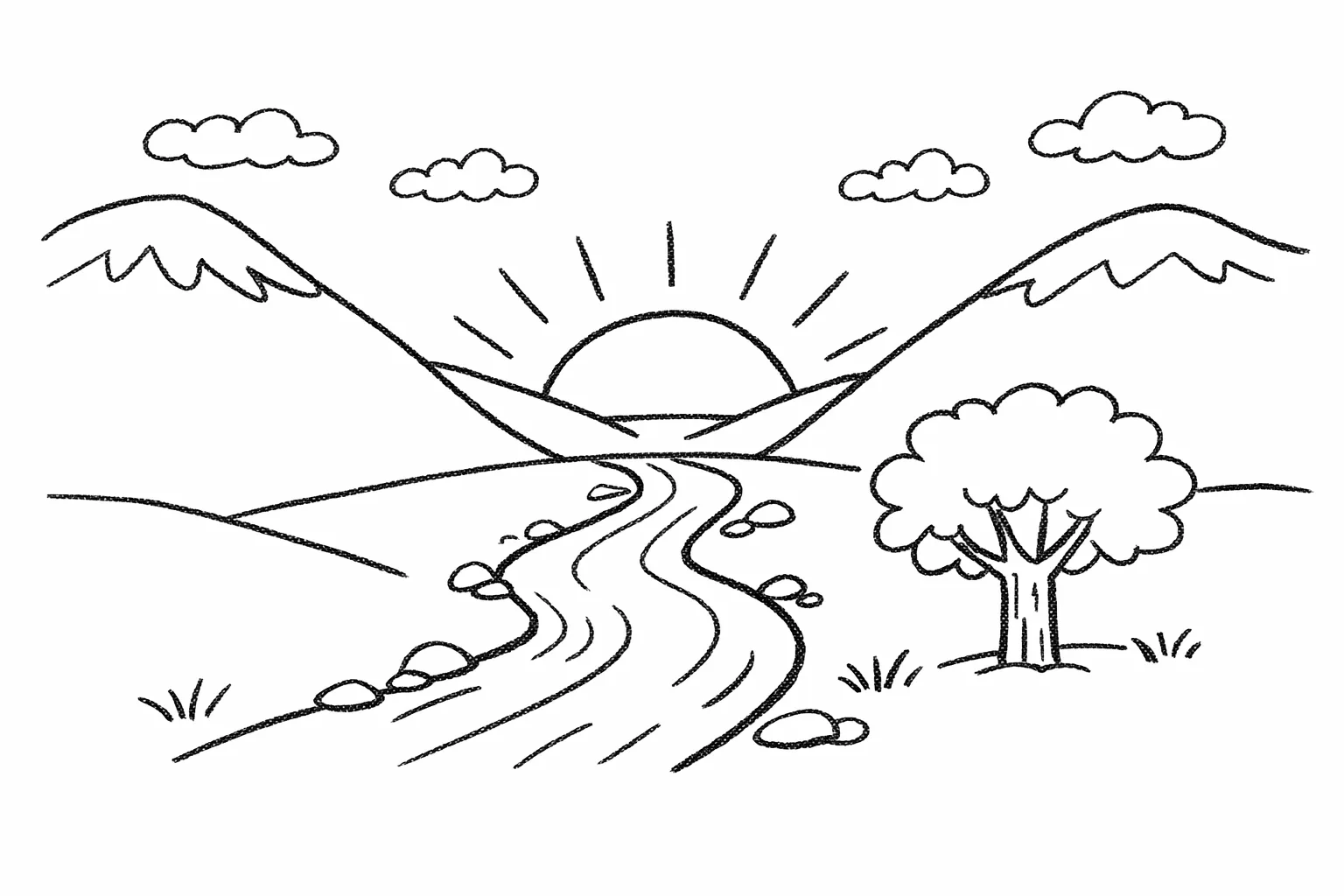Disegno a linee di una valle fluviale prima del rendering fotorealistico