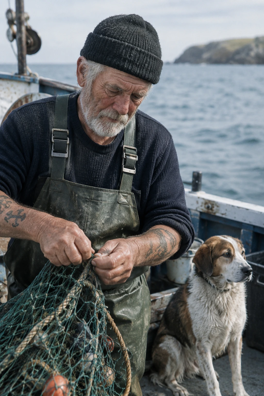Marinaio anziano che sistema una rete su un peschereccio con il cane vicino