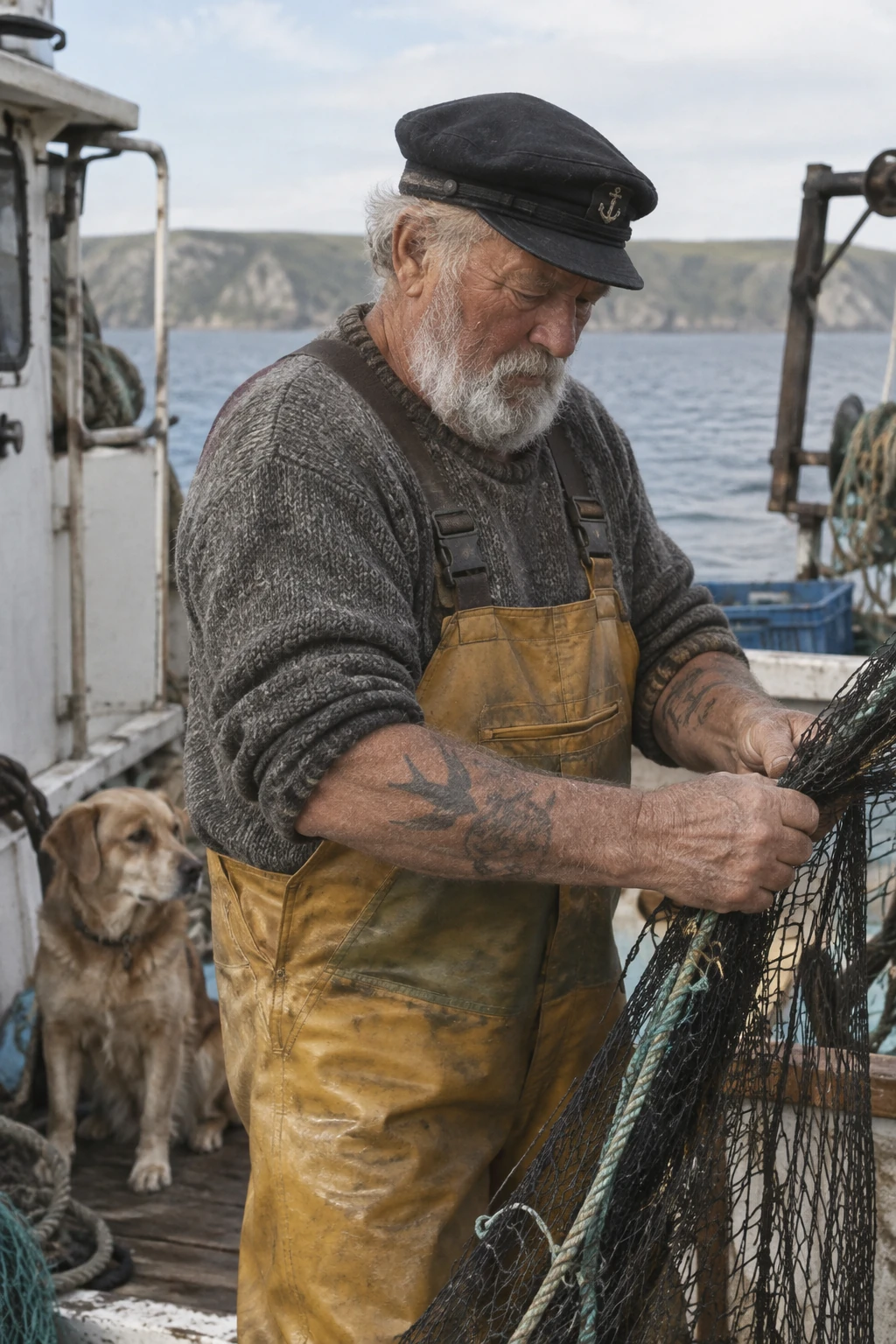 Marinaio anziano che sistema una rete su un peschereccio con il cane vicino
