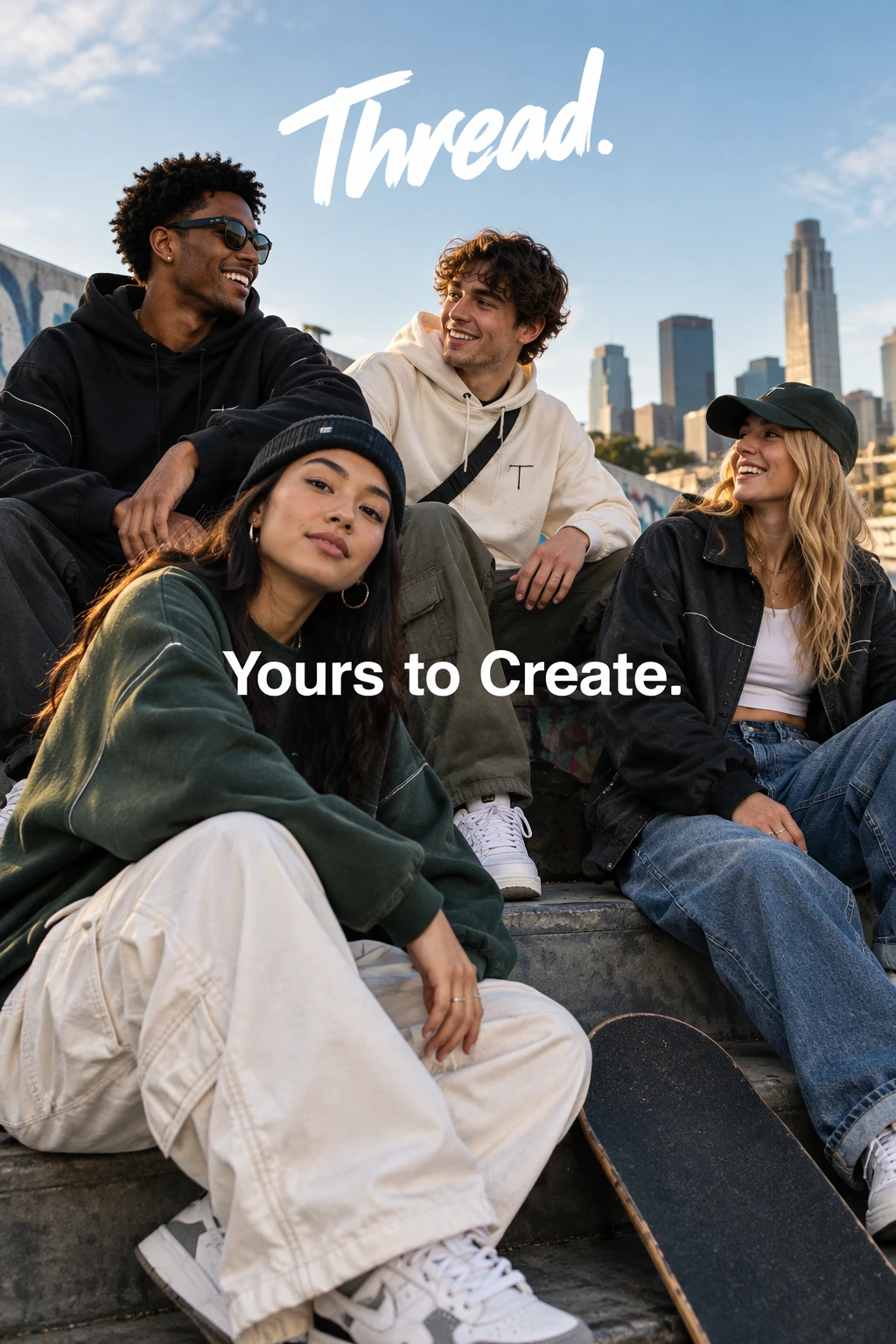 Campagna streetwear Thread con amici e lo slogan Yours to Create