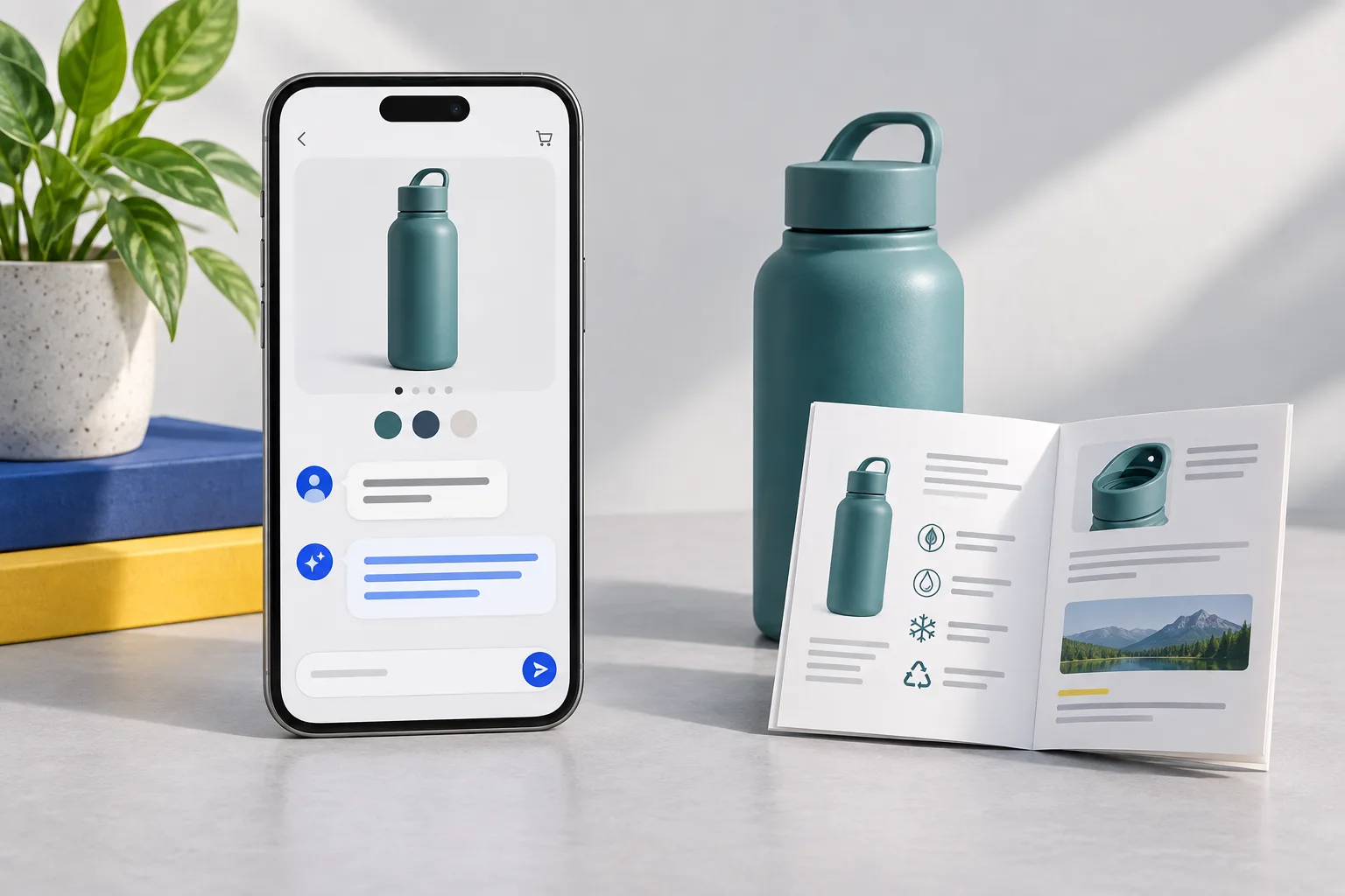 应用中的 AI 助手结合产品上下文回答问题的场景示意图